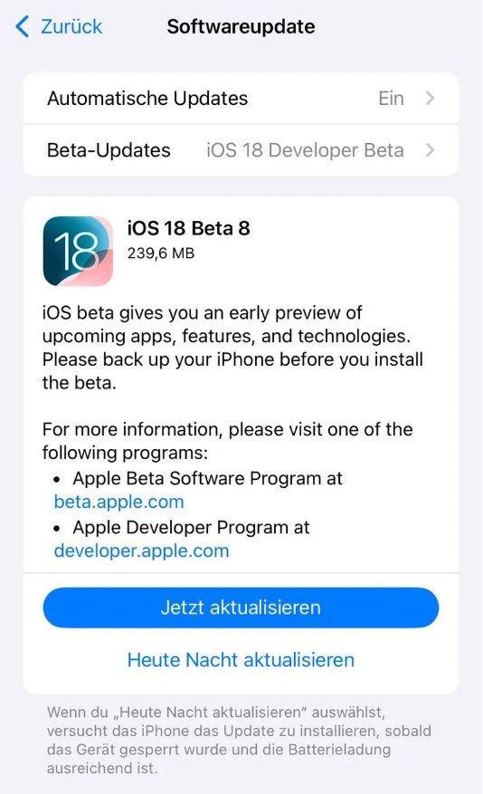 澜沧苹果手机维修分享苹果 iOS / iPadOS 18 开发者预览版 Beta 8 发布 